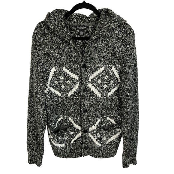 Rocawear Hooded Black White Fair Isle Nordic Button Cardigan Sweater Women Small - Picture 1 of 8